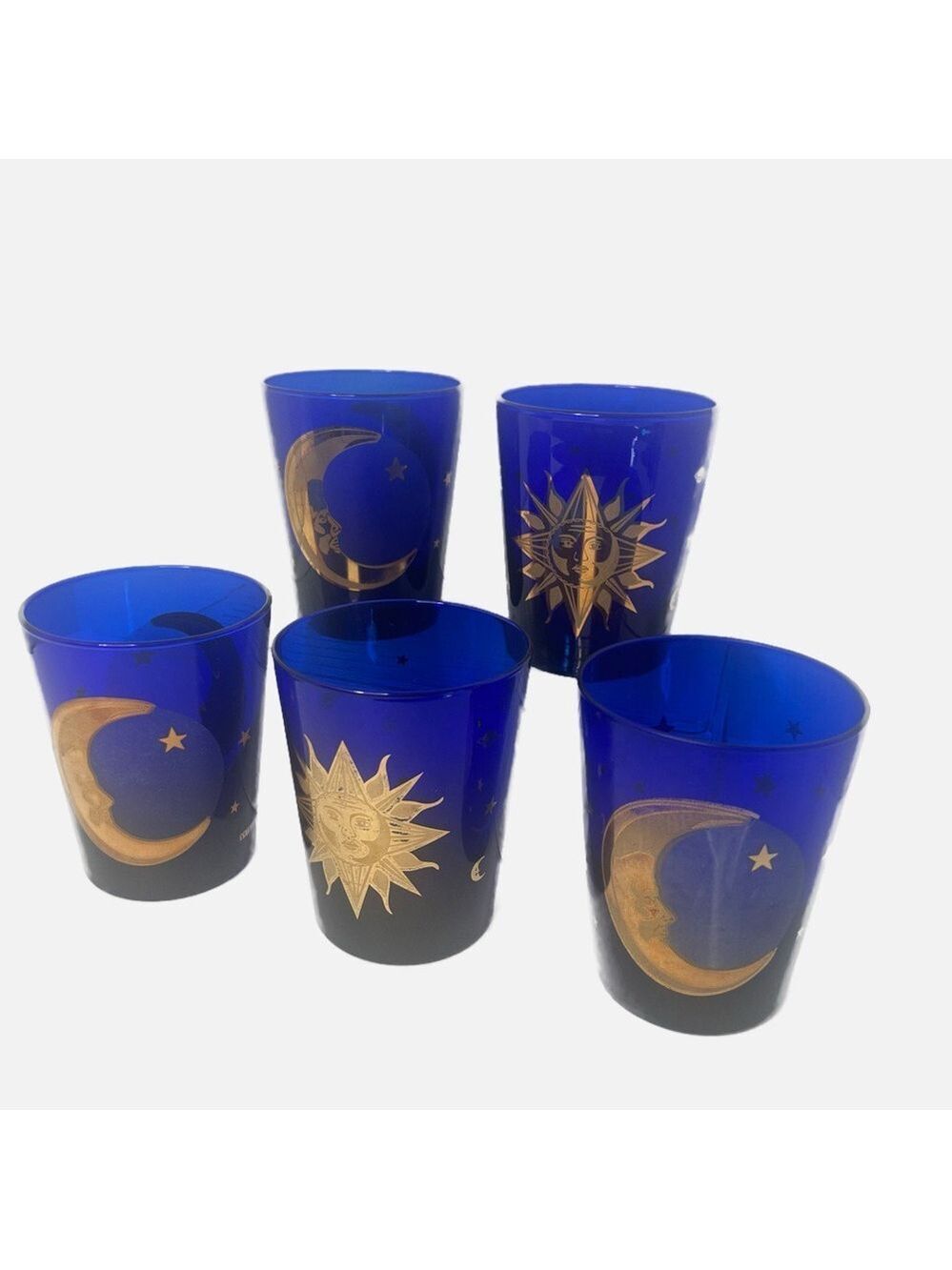 Vintage Culver 22k Gold Set of 5 Cobalt Blue Celestial Tumbler Glass Set